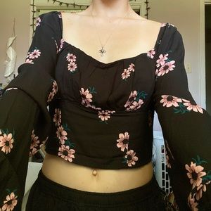 Long sleeve on or off shoulder flower crop top, size S in U.S